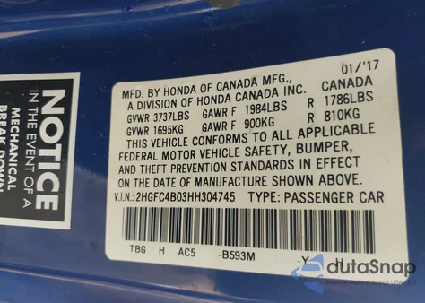 2017 Honda Civic Lx z USA, uszkodzony, nr VIN 2HGFC4B03HH304745